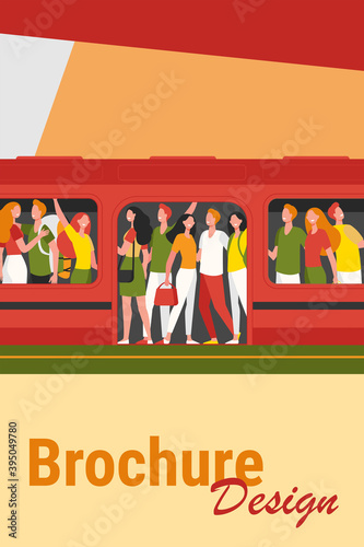 Crowd of happy people travelling by subway train. Passengers standing in overcrowded subway car at station. Cartoon illustration for overpopulation, rush hour, public transport, commuters concept