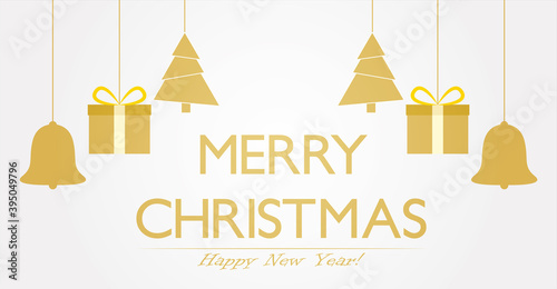Postal de navidad con árbol de navidad, regalo y campana dorada.