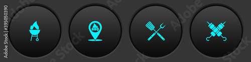 Set Barbecue grill, Location with barbecue, Crossed fork and spatula and Grilled shish kebab icon. Vector.