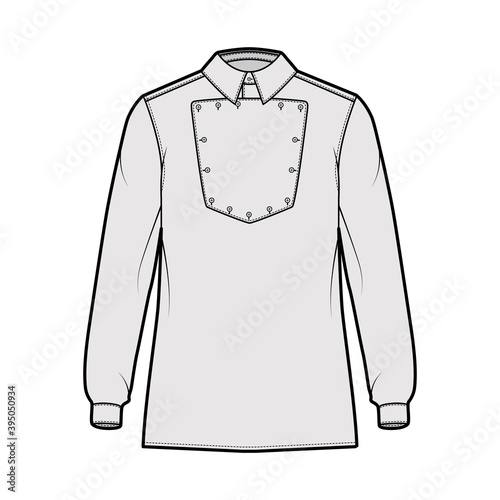 Shirt cavalry Officer technical fashion illustration with bib, long sleeves, relax fit, classic collar. Flat wild west style template front, white color. Women men top CAD mockup