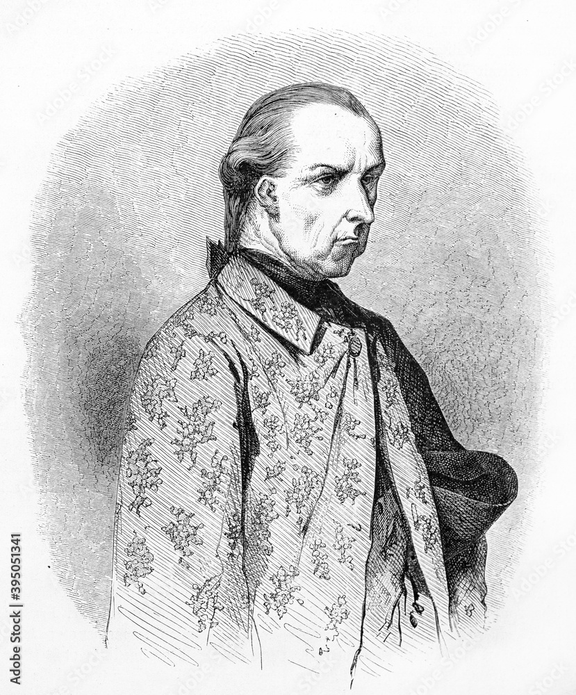 portrait of Jos� Gaspar Rodr�guez de Francia y Velasco (1766-1840), ideologue of independence of Paraguay. Ancient grey tone etching style art by Bertall, Le Tour du Monde, Paris, 1861 - obrazy, fototapety, plakaty 