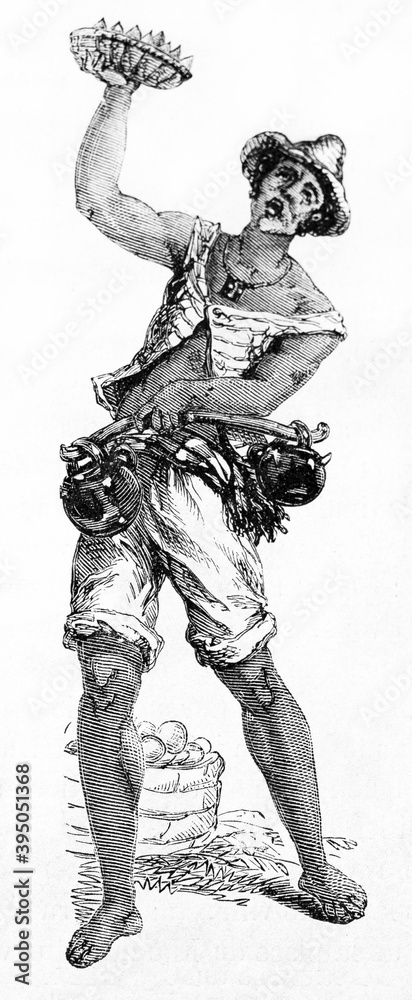 Fototapeta premium Neapolitan fruit and vinegar seller screaming isolated on vertical arrangement. Ancient grey tone etching style art by Ferogio, Le Tour du Monde, Paris, 1861