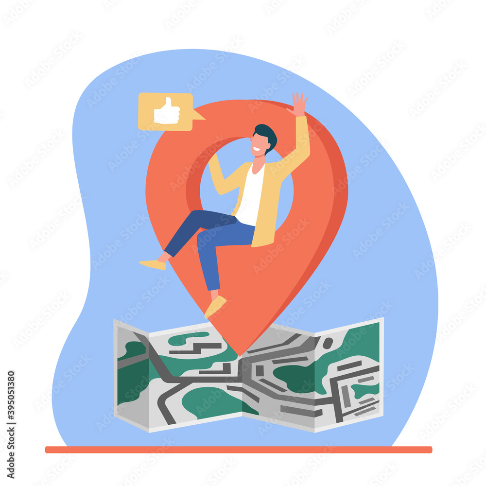 Map location pointer. Man sharing his locate on social media flat vector illustration. Communication, application concept for banner, website design or landing web page Map location pointer. Man sharing his locate on social media flat vector illustration. Communication, application concept for banner, website design or landing web page