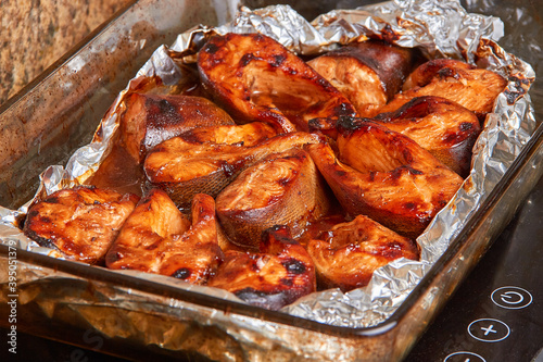 baked red fish in a marinade of teriyaki sauce