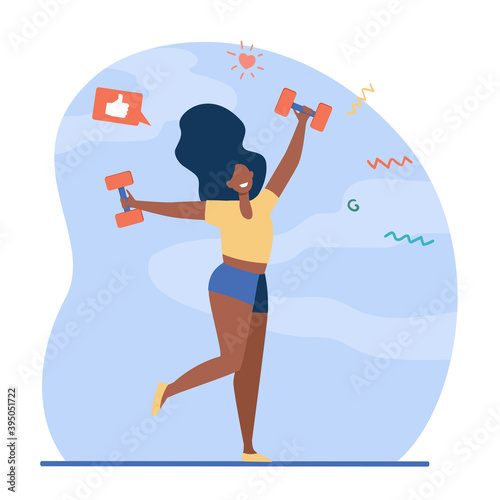 Happy dark skinned girl doing exercises. Woman dancing with dumbbells flat vector illustration. Fitness, gym, weight lifting concept for banner, website design or landing web page