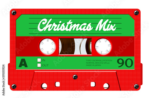Christmas mix cassette for retro themed holiday party invitation or mix cover. Winter greetings tape with 80s style and Christmas colors