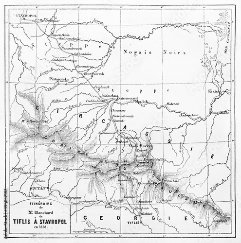 Old map of Auguste Blanchard itinerary, from Tbilisi to Stavropol. Engraved by Ehrard and Bonaparte, published on Le Tour du Monde, Paris, 1861