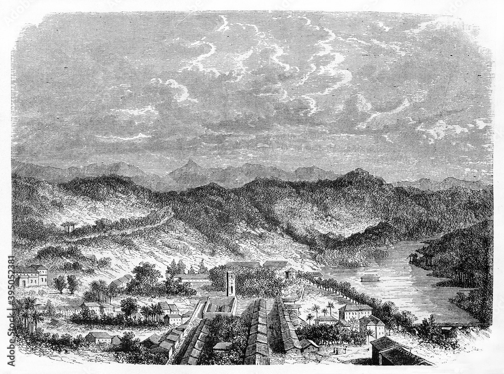 Panoramic top view of Kandy, Sri Lanka, and natural hilled landscape in the distance. Ancient grey tone etching style art by De Bar, Le Tour du Monde, Paris, 1861