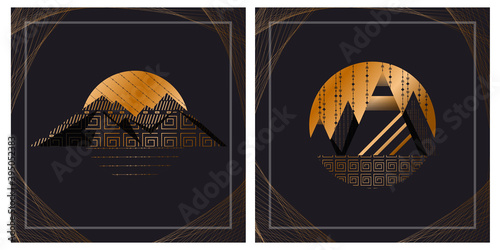 of a modern poster design featuring abstract mountains with a geometric pattern on a linear background. luxury background design for printing covers, invitations, packages, postcards, fabric. EPS 10