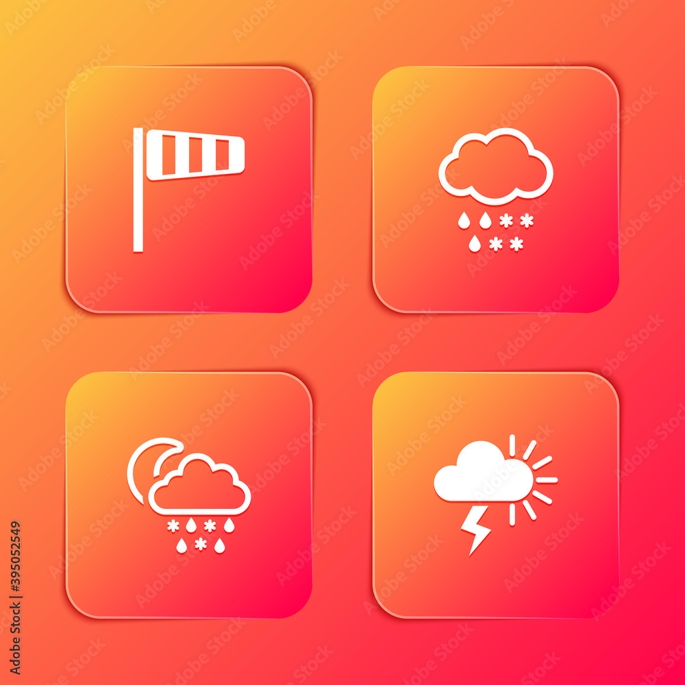 Set Cone windsock wind vane, Cloud with snow and rain, snow, rain, moon and Storm icon. Vector.