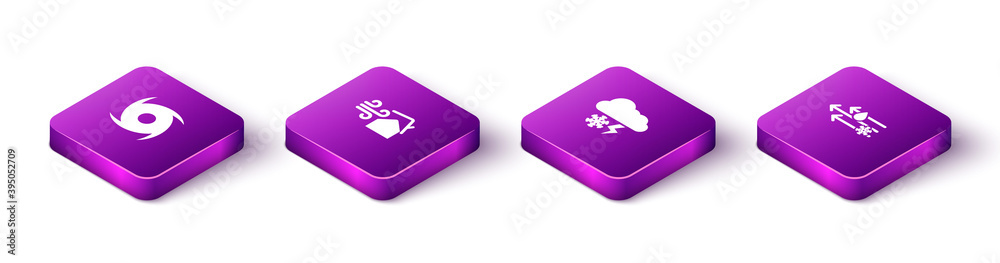 Set Isometric Tornado, swirl, Cloud with snow and lightning and Wind rain icon. Vector. Set Isometric Tornado, swirl, Cloud with snow and lightning and Wind rain icon. Vector.