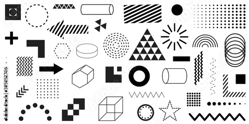 Black geometric shapes set. Graphic element vector. Pop-art texture. Space poster set. Abstract retro vector texture.