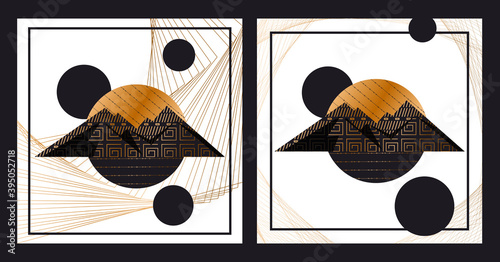 of a modern poster design featuring abstract mountains with a geometric pattern on a linear background. luxury background design for printing covers, invitations, packages, postcards, fabric. EPS 10