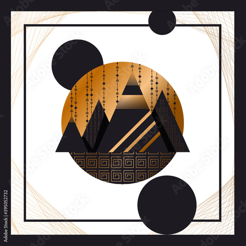 of a modern poster design featuring abstract mountains with a geometric pattern on a linear background. luxury background design for printing covers, invitations, packages, postcards, fabric. EPS 10