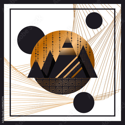 of a modern poster design featuring abstract mountains with a geometric pattern on a linear background. luxury background design for printing covers, invitations, packages, postcards, fabric. EPS 10