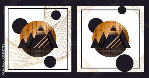 of a modern poster design featuring abstract mountains with a geometric pattern on a linear background. luxury background design for printing covers, invitations, packages, postcards, fabric. EPS 10
