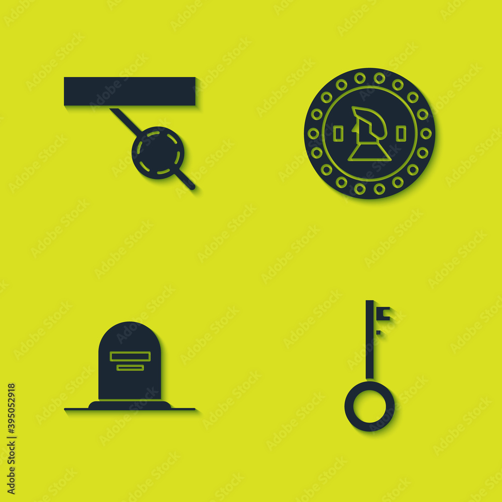 Set Pirate eye patch, key, Tombstone with RIP written and coin icon. Vector.