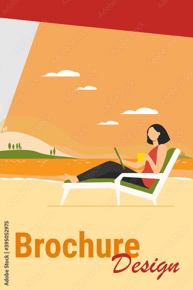 Woman sitting on beach chair by lake. Drinking coffee, using tablet, working outdoors flat vector illustration. Freelance, communication concept for banner, website design or landing web page