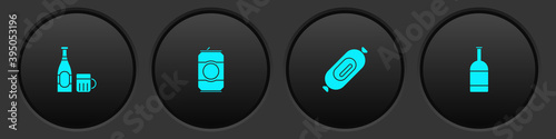 Set Beer bottle and glass, can, Salami sausage and icon. Vector.