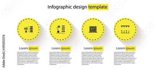 Set Flower analysis, status, Smart farming technology and Automatic irrigation sprinklers. Business infographic template. Vector.