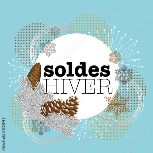Publicité pour annoncer les soldes d’hiver, dans une ambiance froide bleu turquoise - texte français, traduction : soldes.