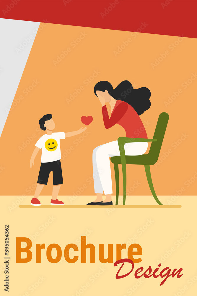 Little boy giving heart to sad mother. Love, care, childhood flat vector illustration. Relationship and family concept for banner, website design or landing web page Little boy giving heart to sad mother. Love, care, childhood flat vector illustration. Relationship and family concept for banner, website design or landing web page