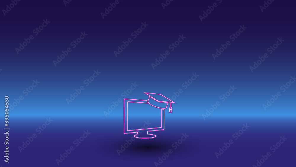 Neon distance learning symbol on a gradient blue background. The isolated symbol is located in the bottom center. Gradient blue with light blue skyline Neon distance learning symbol on a gradient blue background. The isolated symbol is located in the bottom center. Gradient blue with light blue skyline