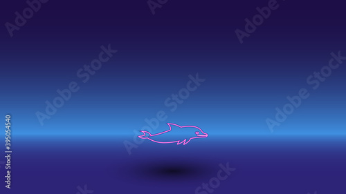 Neon dolphin symbol on a gradient blue background. The isolated symbol is located in the bottom center. Gradient blue with light blue skyline
