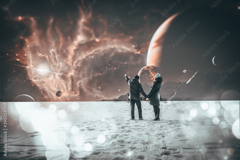a couple in the snowy steppe looks at space. lovely couple. love. Fantasy in sky. Amazing sky. Sky like space. a couple in the snowy steppe looks at space. lovely couple. love. Fantasy in sky. Amazing sky. Sky like space.