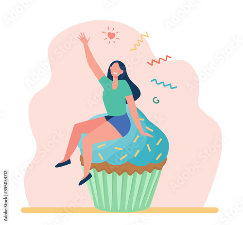 Happy woman enjoying dessert. Cheerful girl sitting on cupcake flat vector illustration. Bakery, pastry, food concept for banner, website design or landing web page