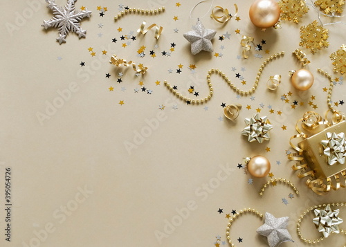 Christmas background . New Year decorations in gold colors on gold background...