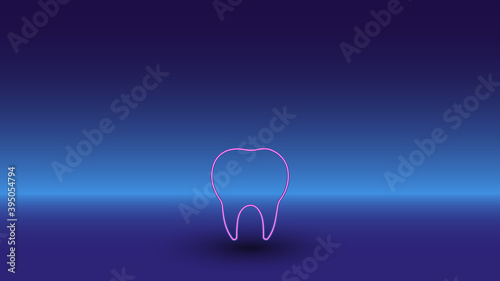Neon tooth symbol on a gradient blue background. The isolated symbol is located in the bottom center. Gradient blue with light blue skyline