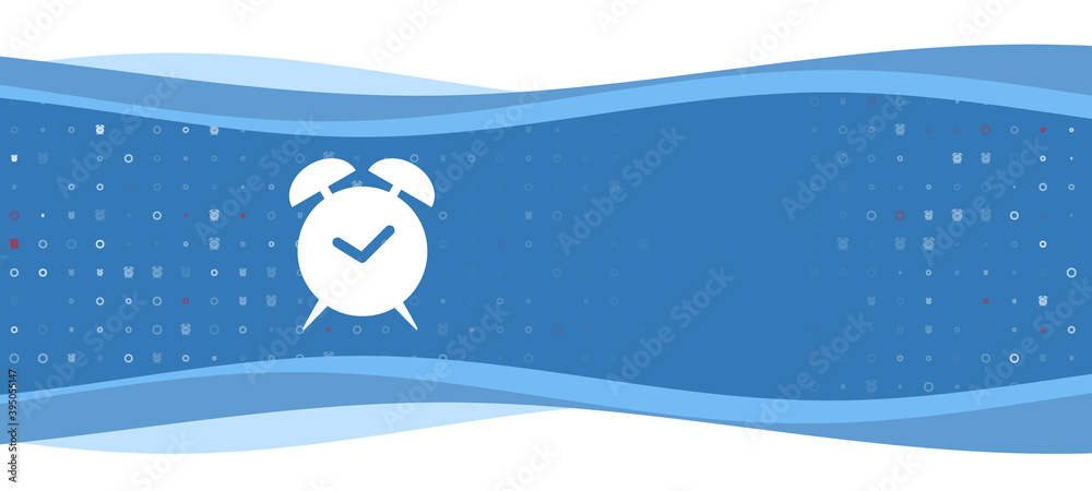 Blue wavy banner with a white alarm clock symbol on the left. On the background there are small white shapes, some are highlighted in red. There is an empty space for text on the right side Blue wavy banner with a white alarm clock symbol on the left. On the background there are small white shapes, some are highlighted in red. There is an empty space for text on the right side