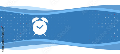 Blue wavy banner with a white alarm clock symbol on the left. On the background there are small white shapes, some are highlighted in red. There is an empty space for text on the right side