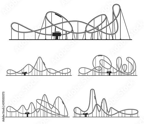 Roller coaster various route set. Amusement rides collection. Railroad tracks with tight turns.