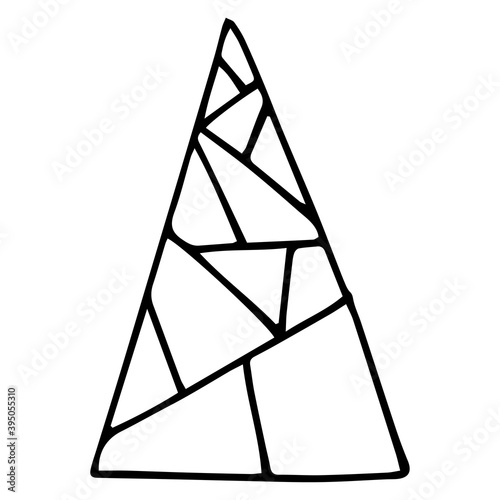 Vector illustration. Simple geometric Christmas tree  isolated on white. Holiday Сhristmas decoration design element. Hand drawn fir doodle clipart. For collage, card, poster, banner, gift wrapping.