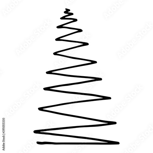 Vector illustration. Christmas tree made by curved line isolated on white. Holiday Сhristmas decoration design element. Hand drawn fir doodle clipart. For collage, card, poster, banner, gift wrapping.
