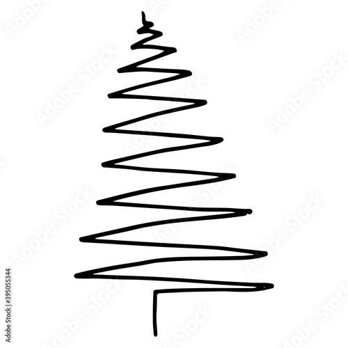 Vector illustration. Christmas tree made by curved line isolated on white. Holiday Сhristmas decoration design element. Hand drawn fir doodle clipart. For collage, card, poster, banner, gift wrapping.
