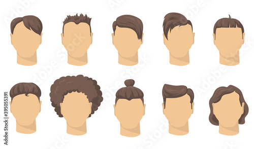 Stylish different male haircut flat set for web design. Cartoon man short hairstyles for hipsters isolated vector illustration collection. Barber shop, fashion and style concept