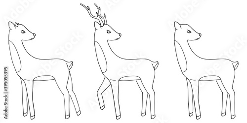 Vector illustration. Set of tree deer on white. Christmas decoration design element. Ideal for baby project, collage, holiday card, book illustration, banner. Hand drawn doodle clipart. Flat style.
