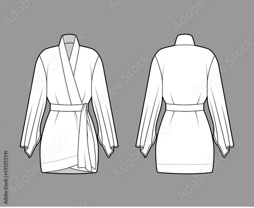 Kimono robe technical fashion illustration with long wide sleeves, belt to cinch the waist, above-the-knee length. Flat apparel blouse template front, back white color. Women unisex CAD shirt mockup