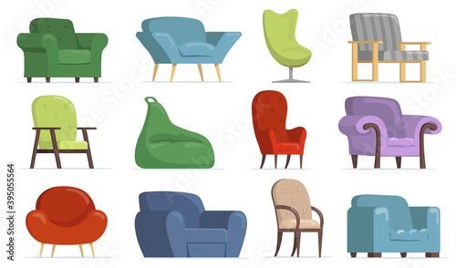 Comfortable armchairs flat set for web design. Cartoon classic and modern chairs, soft poufs isolated vector illustration collection. Furniture and apartment interior concept