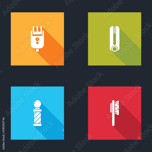 Set Electrical hair clipper or shaver  Curling iron for  Classic Barber shop pole and Hairbrush icon. Vector.