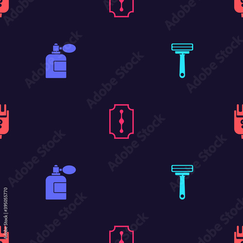 Set Shaving razor, Aftershave bottle with atomizer, Blade and Electrical hair clipper shaver on seamless pattern. Vector.