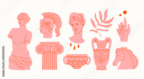 Various Antique statues. Heads of woman, knight, horse. Branch, amphora, hand. Mythical, ancient style. Hand drawn Vector illustration. Classic statues in modern style. All elements are isolated