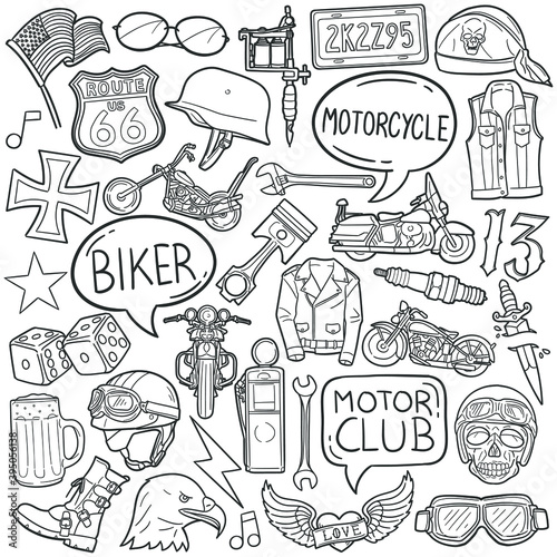 Bikers doodle icon set. Hard biker Vector illustration collection. Lifestyle Banner Hand drawn Line art style.