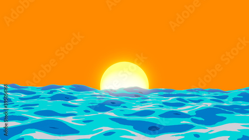Sunset or sunrise in ocean. Cartoon style. 3d render