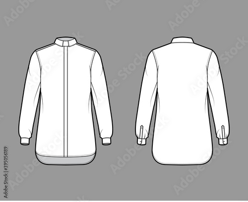 Shirt clergy technical fashion illustration with long sleeves with cuff, relax fit, concealed button-down, Tab Collar. Flat template front, back white color. Women men unisex top CAD mockup