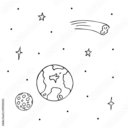 The planet is like the Earth, with a satellite with craters, the Moon. View from space stars, comet. Hand-drawn outline sketch.