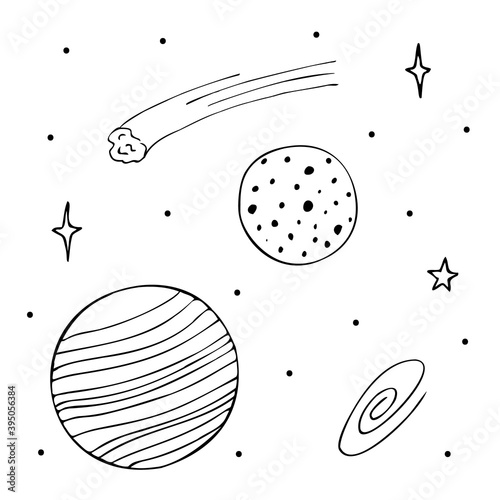 Two planets, a large striped gas giant, the second with a dotted relief. View from space, stars, flying comet and galaxy. Hand-drawn sketch, outline.